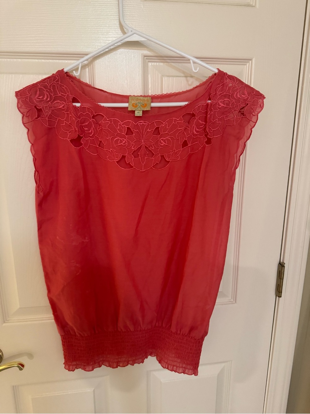 Women’s coral Red Embroidered Neckline Top